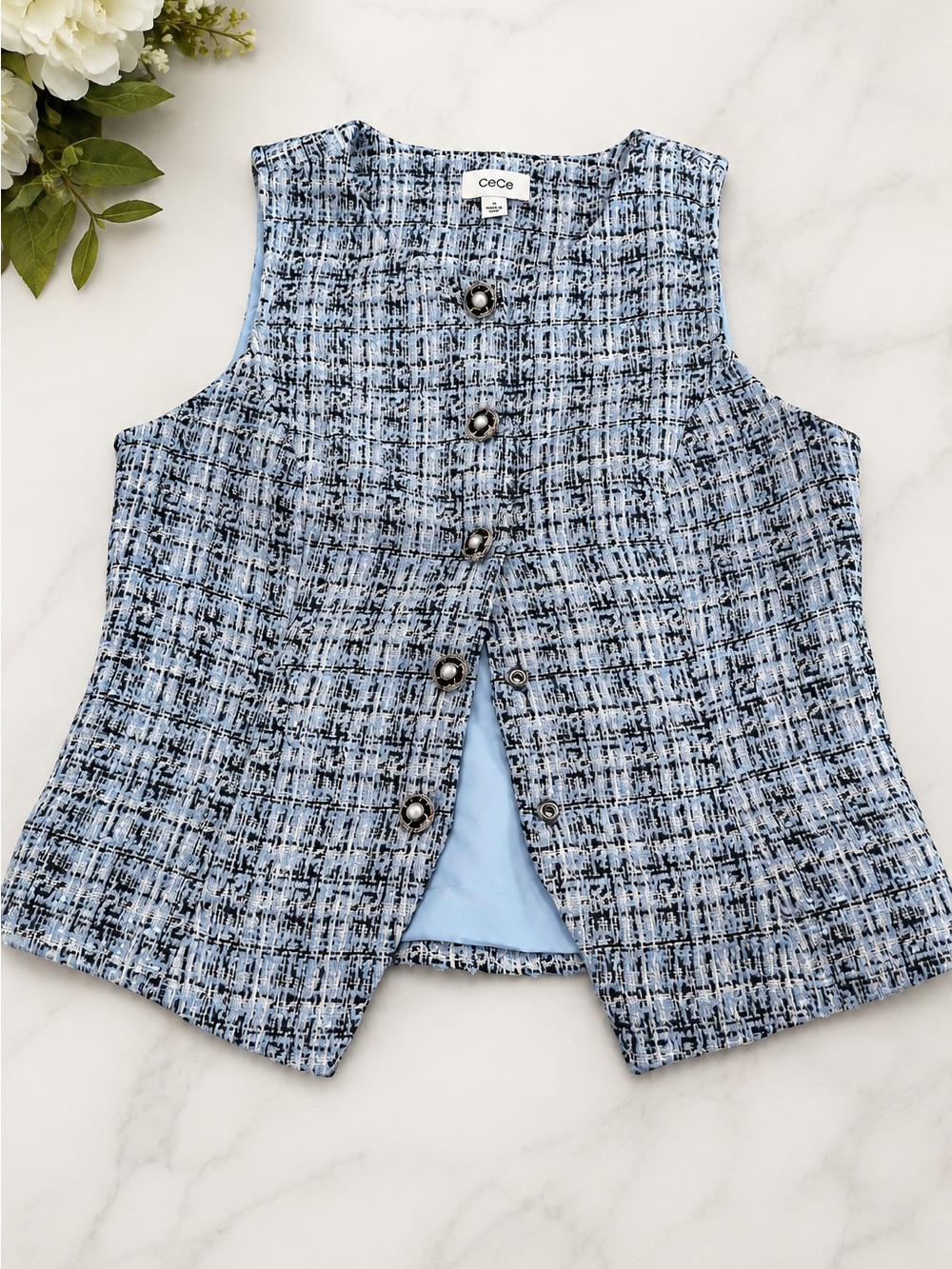 CeCe Light Blue & Black Tweed Girls' Vest
